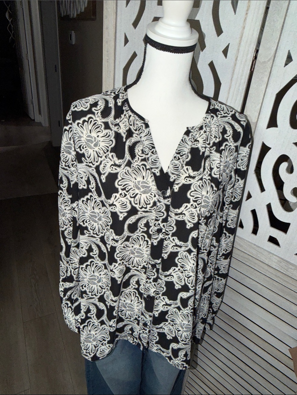 Chico's Black & White Floral Split-Neck Blouse